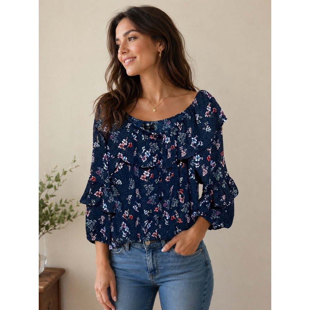 Sanctuary Gloriana Blouse L Navy Off Shoulder Ruffle Floral Garden Party Peasant